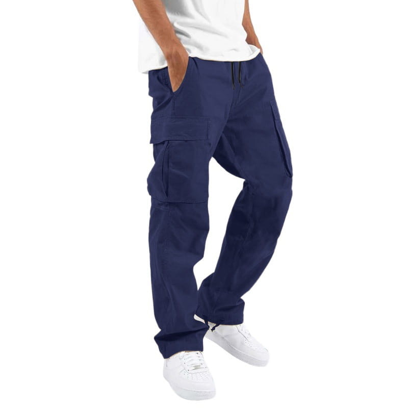 men’s multi pocket casual cargo pants in navy blue with multiple pockets and a drawstring waistband designed for comfort and utility.