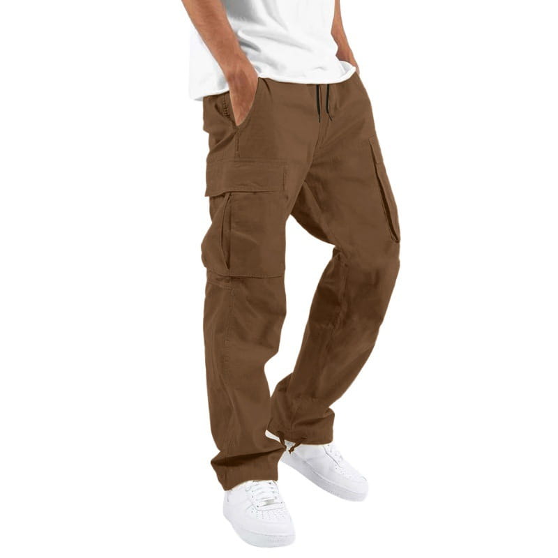 Men’s multi pocket casual cargo pants in brown featuring multiple large side pockets and a drawstring waistband.