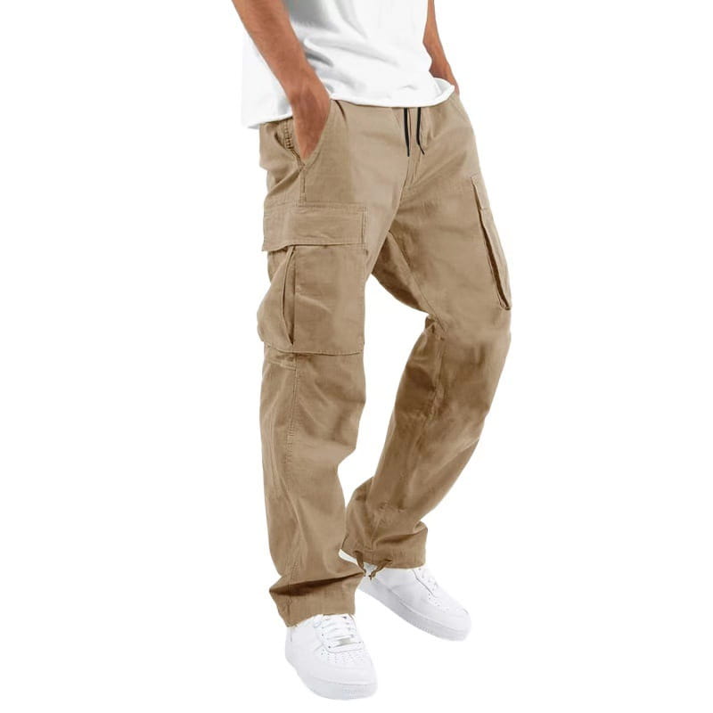 Men’s khaki cargo pants featuring multiple large side pockets and a drawstring waistband designed for casual use.