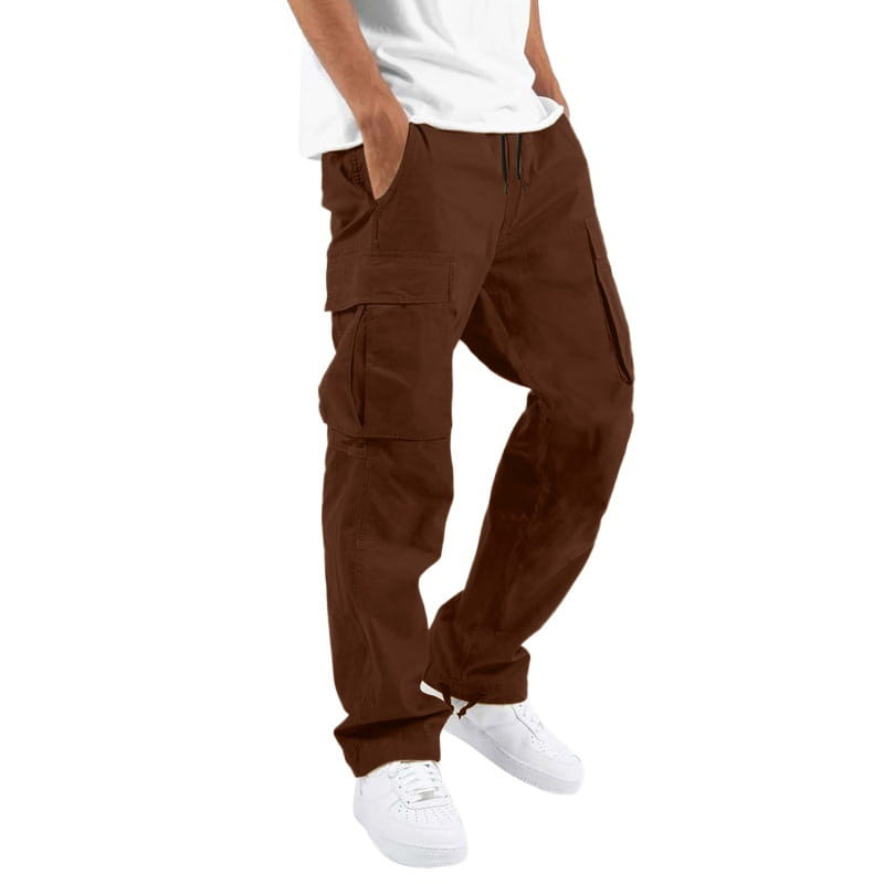 Men’s brown cargo pants with multiple pockets and a drawstring waistband for casual wear