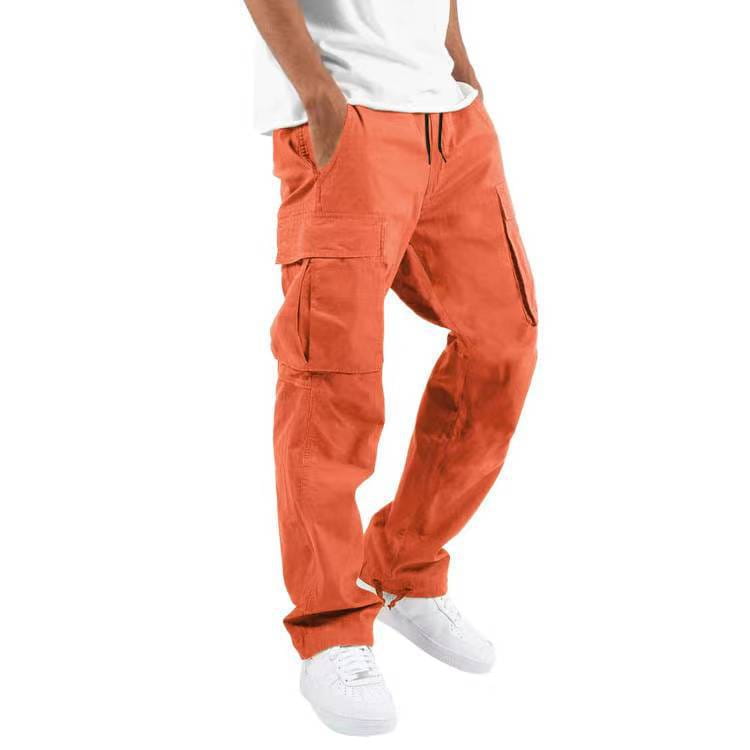 Men’s multi pocket casual cargo pants in orange featuring multiple pockets and a drawstring waistband for comfortable wear.