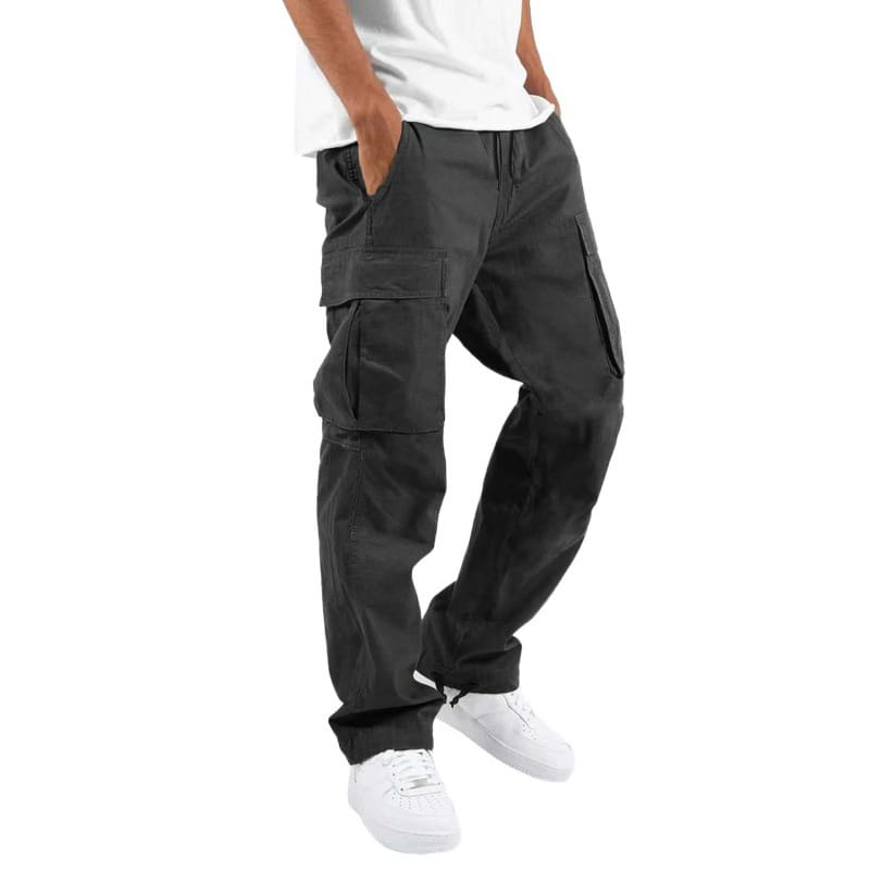 Men’s black cargo pants with multiple large side pockets and a drawstring waistband designed for casual wear.