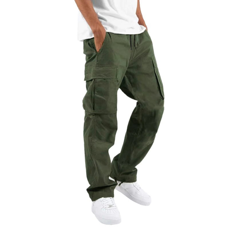 Men’s olive green multi pocket casual cargo pants featuring multiple large side pockets and a relaxed fit designed for comfort and utility.