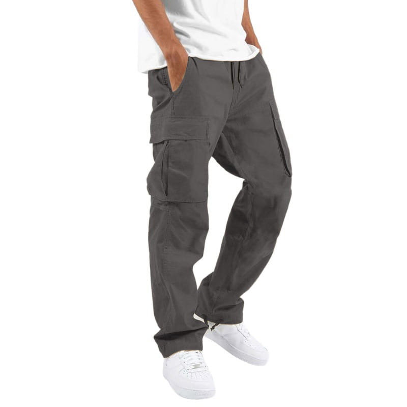 Men’s dark gray casual cargo pants made of durable fabric featuring multiple large side pockets and a drawstring waistband for an adjustable fit.