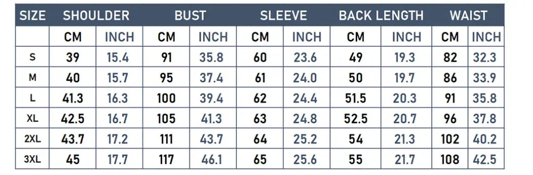 Guide des tailles pour une veste motard en faux cuir pour femmes à col montant, présentant des mesures en centimètres et en pouces pour les tailles S à 3XL.