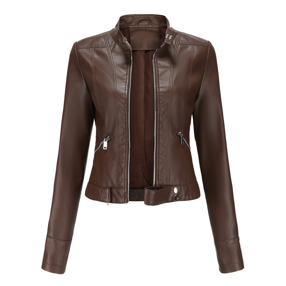 Veste motard en faux cuir marron à col montant, fermetures éclair argentées et coupe courte, présentée de face.