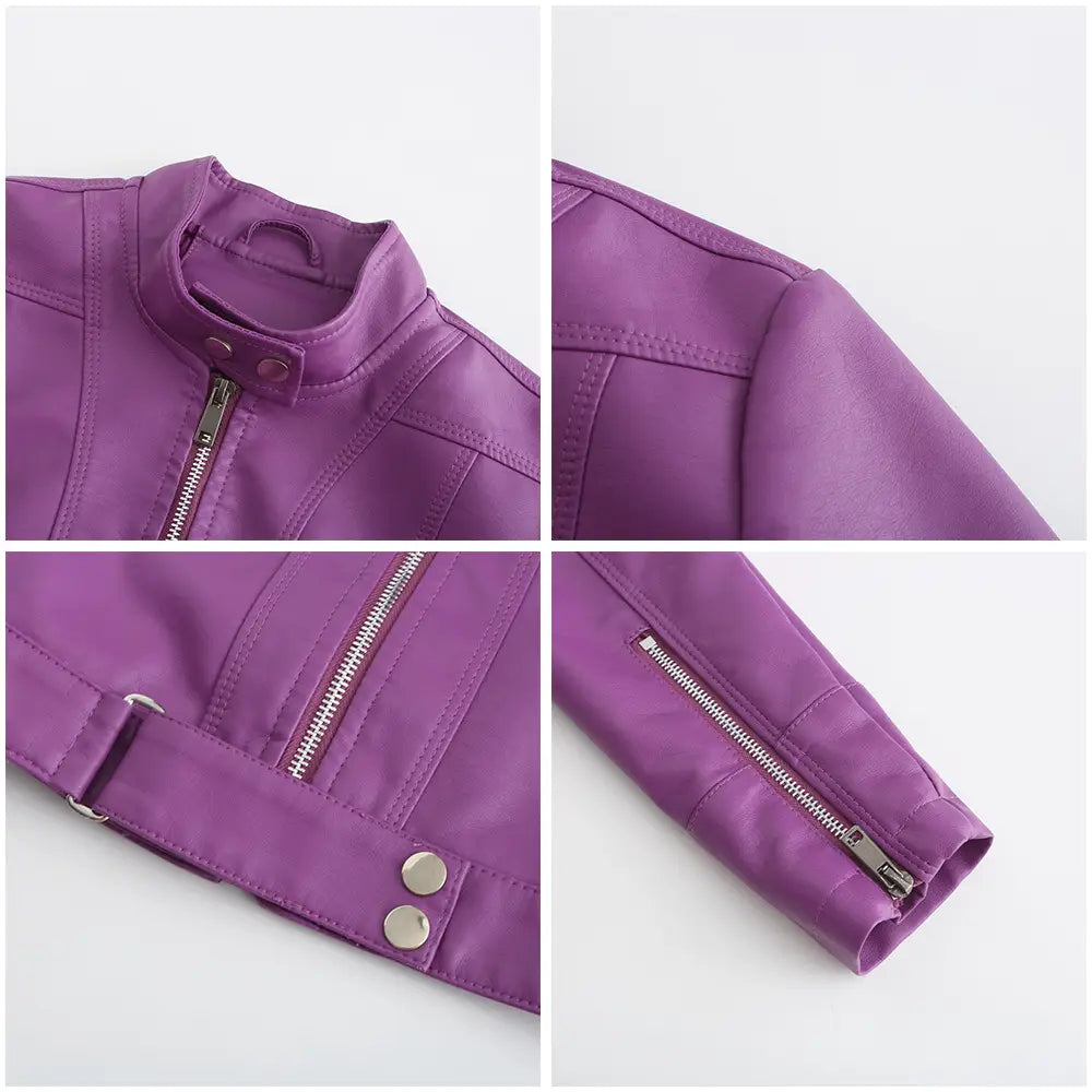 Veste motard en faux cuir violet à col montant, avec fermetures éclair argentées et boutons pression.