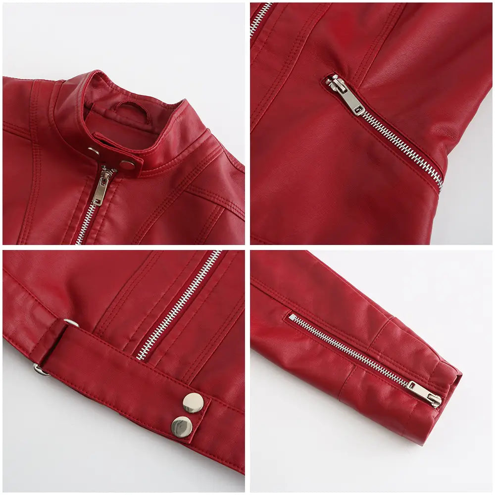Veste motard en faux cuir rouge à col montant, avec fermetures éclair argentées et boutons pression sur un style de motard.