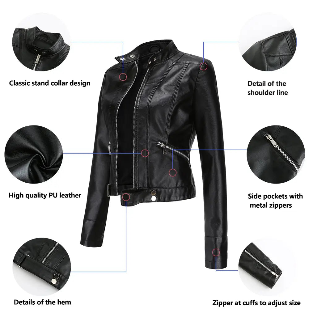 Veste motard en cuir PU noir à col classique avec poches latérales et fermetures éclair métalliques, avec poignets réglables ; une veste motard en faux cuir au design à col montant.