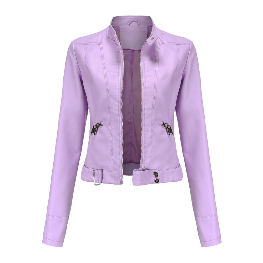 Veste motard en faux cuir lilas avec col montant, fermeture éclair frontale et deux poches latérales zippées.