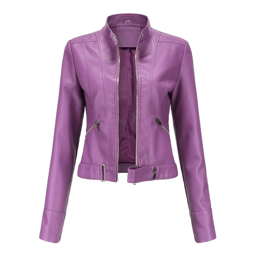 Veste motard en faux cuir lilas élégante à col montant et fermeture éclair frontale.