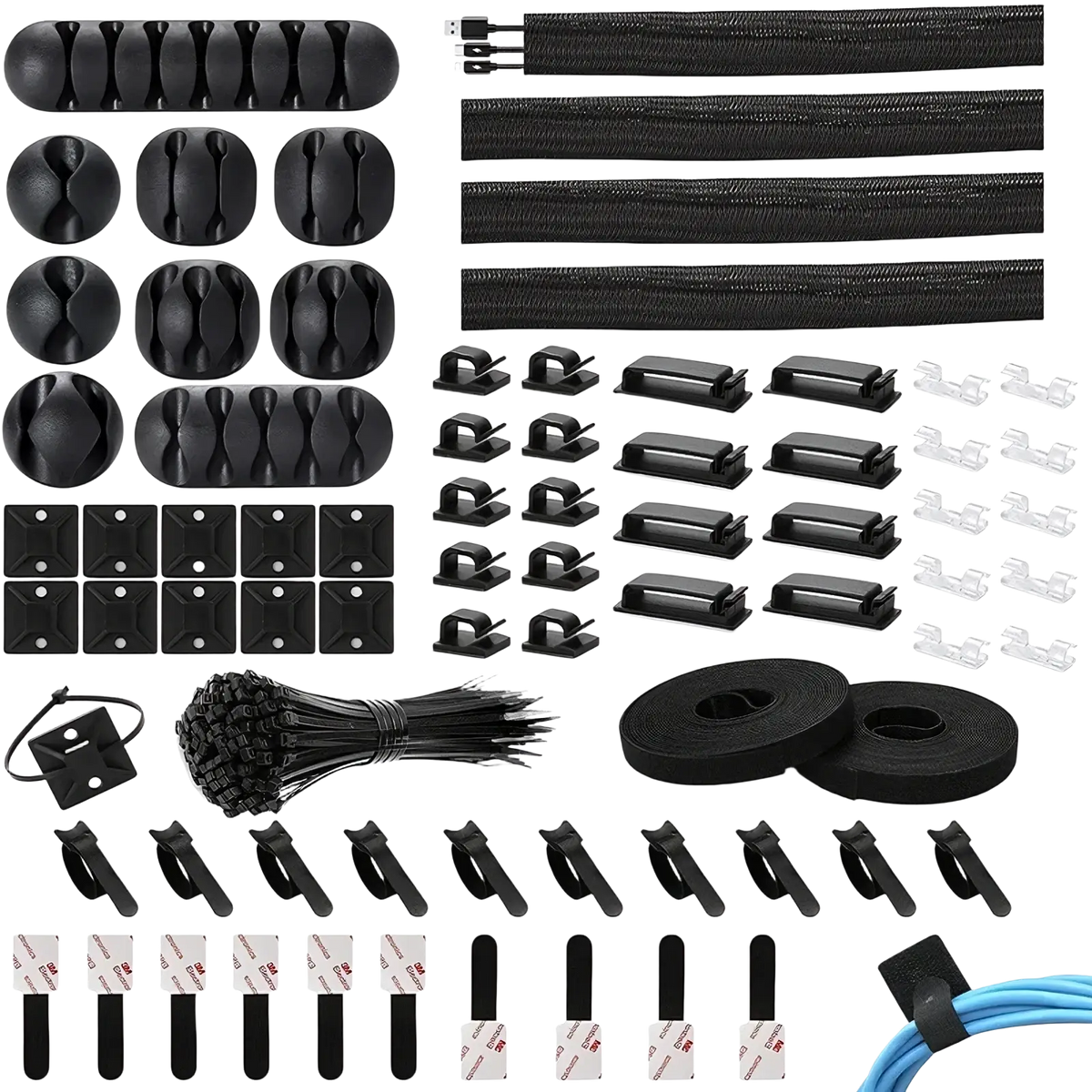 Black 173 piece cable management kit with assorted clips ties and organizers for neat wiring and cord organization