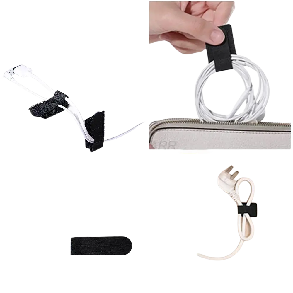 Black adhesive cable tie with velcro strap for securing cords in a 173 piece cable management kit and cord organizer