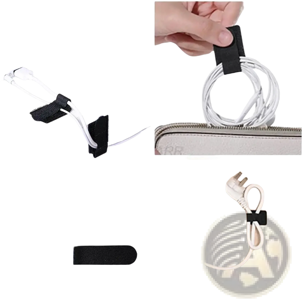 Black adhesive cable tie with velcro strap for securing cords in a 173 piece cable management kit and cord organizer