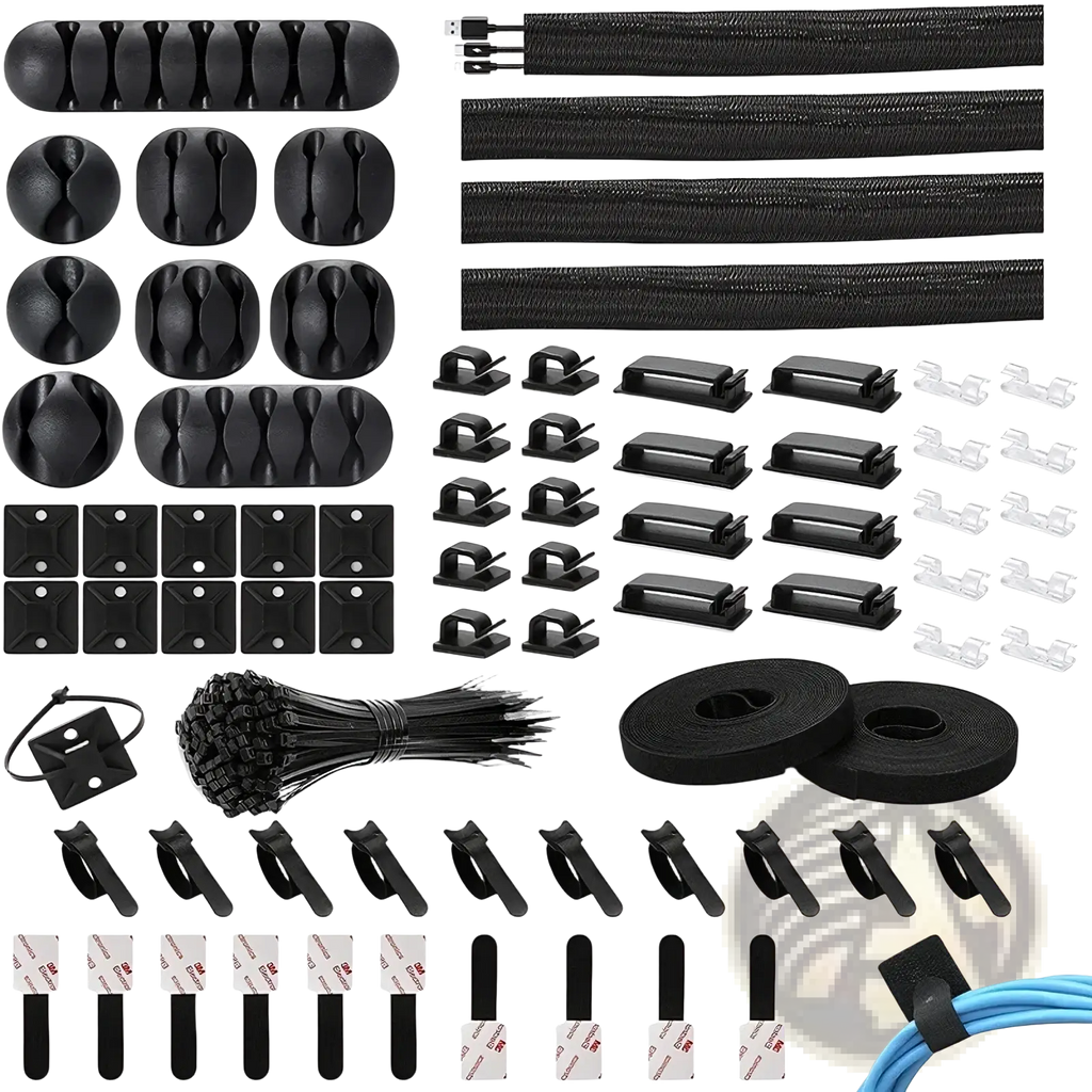 Black 173 piece cable management kit with assorted clips ties and organizers for neat wiring and cord organization