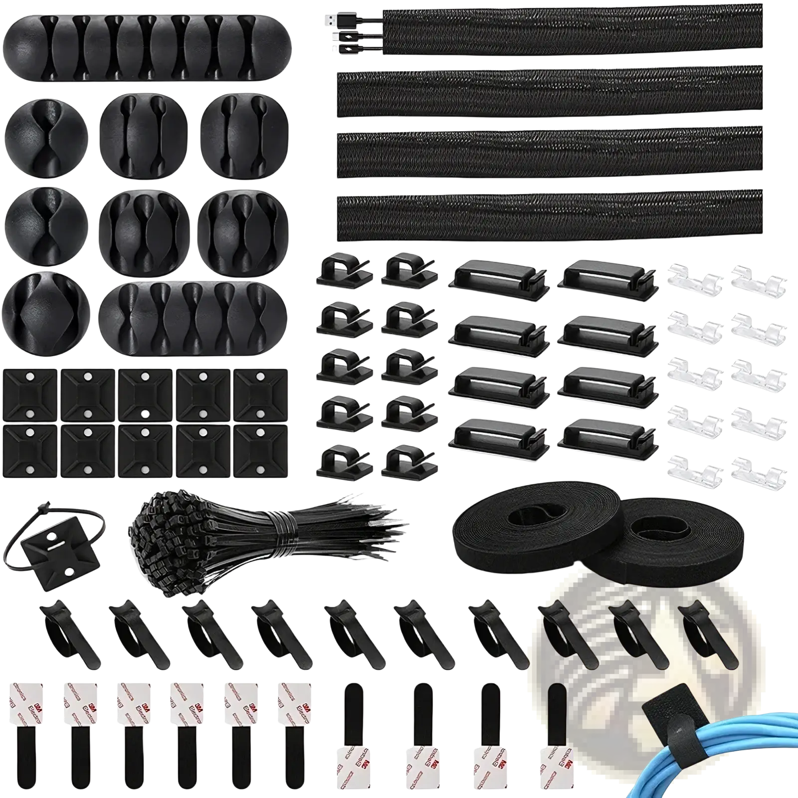 Black 173 piece cable management kit with assorted clips ties and organizers for neat wiring and cord organization