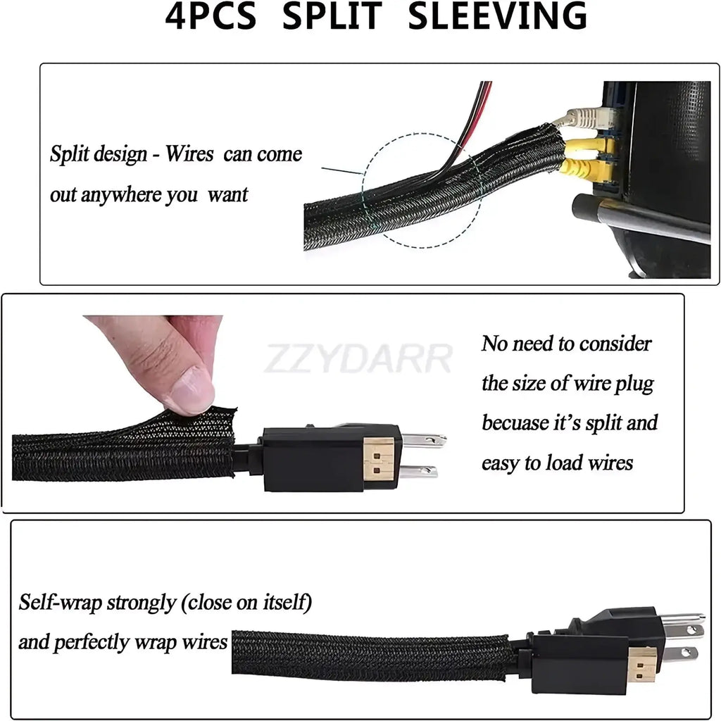 Black split-sleeving cable cover with woven fabric exterior and reinforced plastic end caps in 173 piece cable management kit