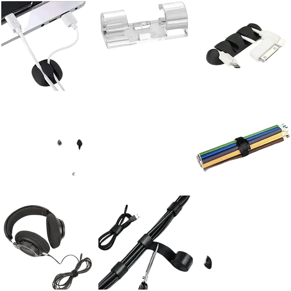 Black elastic cable tie with looped end for securing cords in the 173 piece cable management kit and cord organizer