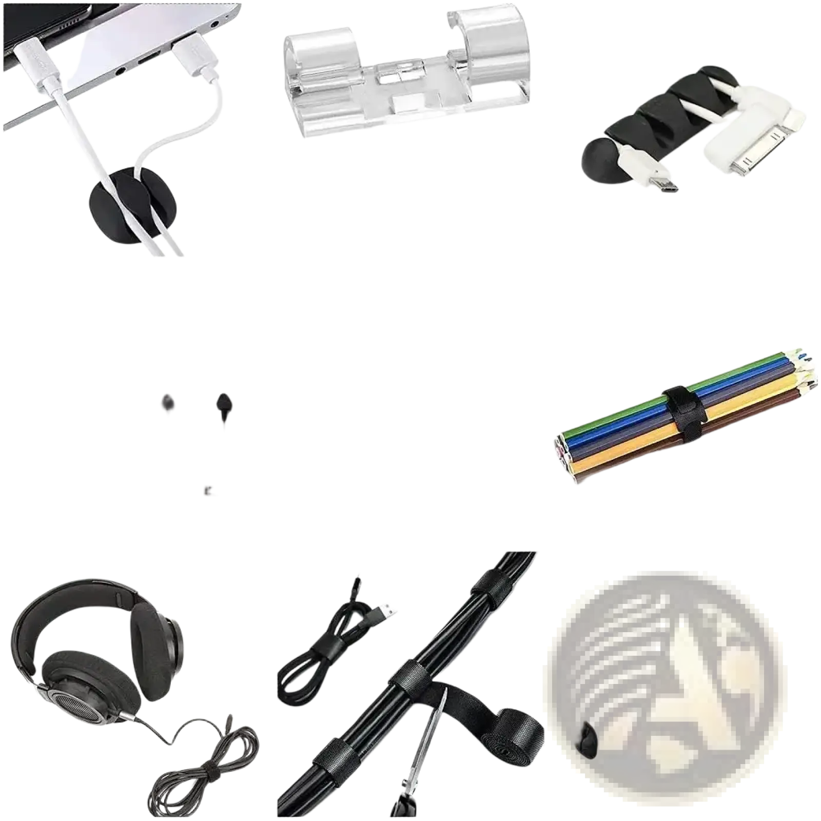 Black elastic cable tie with looped end for securing cords in the 173 piece cable management kit and cord organizer