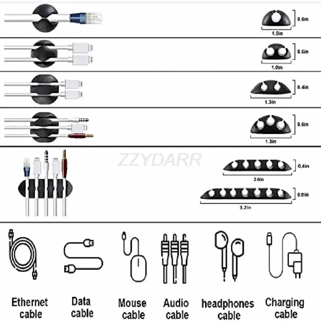 Black plastic cable organizers with varying slots and sizes for different cables in 173 piece cable management kit