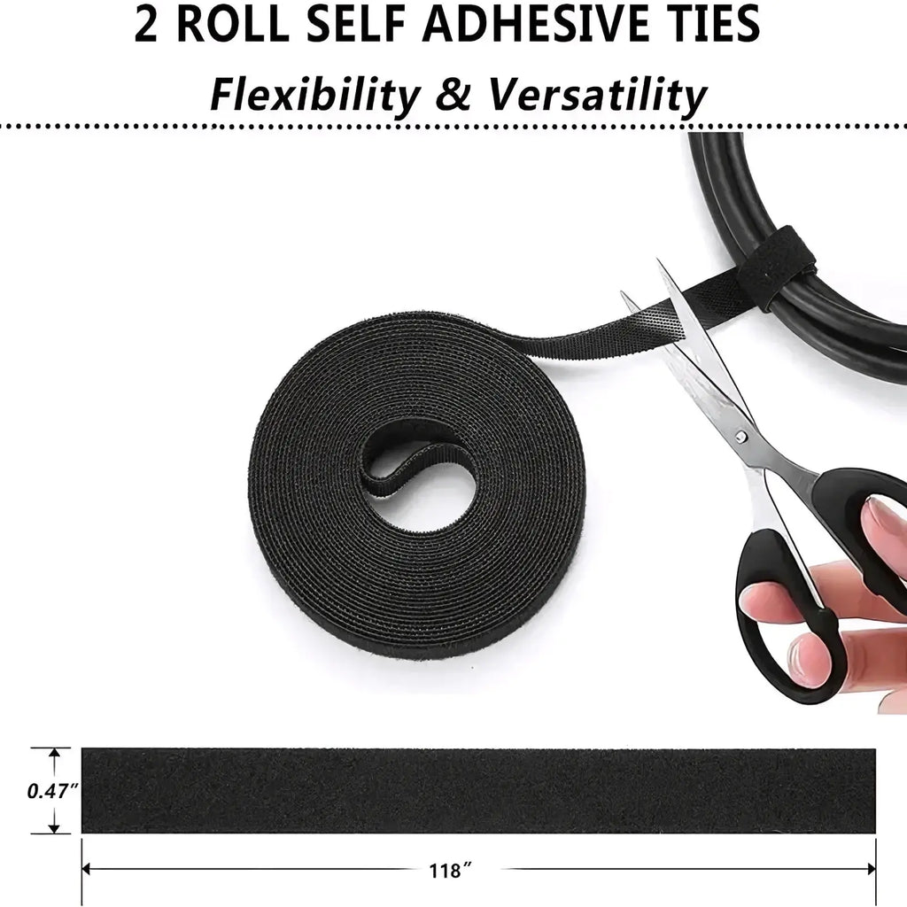 Black self-adhesive tie 0.47 inch wide and 118 inches long demonstrating flexibility in 173 piece cable management kit