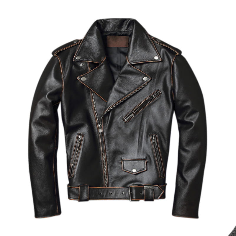 Men’s cowhide leather motorcycle biker jacket in black with brown stitching and silver zippers featuring lapels.