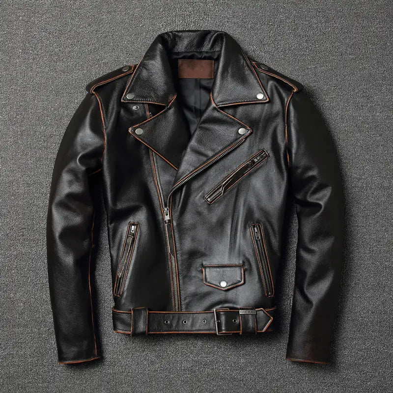 Men’s cowhide leather motorcycle biker jacket in black with brown stitching and silver zippers featuring lapels.