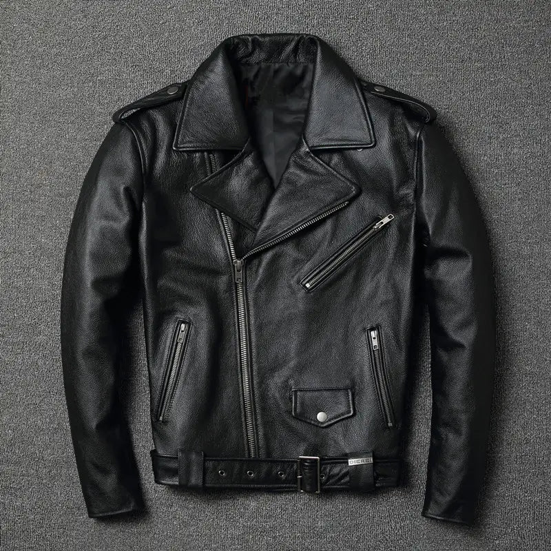 Men’s cowhide leather motorcycle biker jacket in black with a classic collar, zippered pockets, and belt detailing.