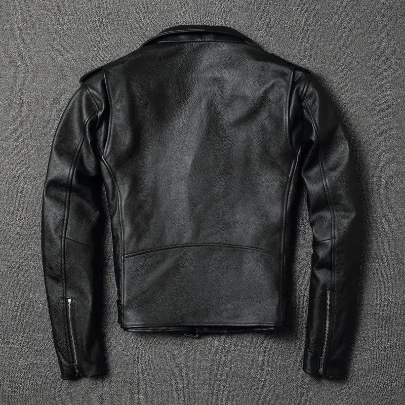 black leather men’s cowhide leather motorcycle biker jacket with classic design and zipped sleeves