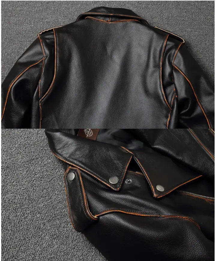 Men’s cowhide leather motorcycle biker jacket in black with brown stitching and silver snap buttons featuring lapels.