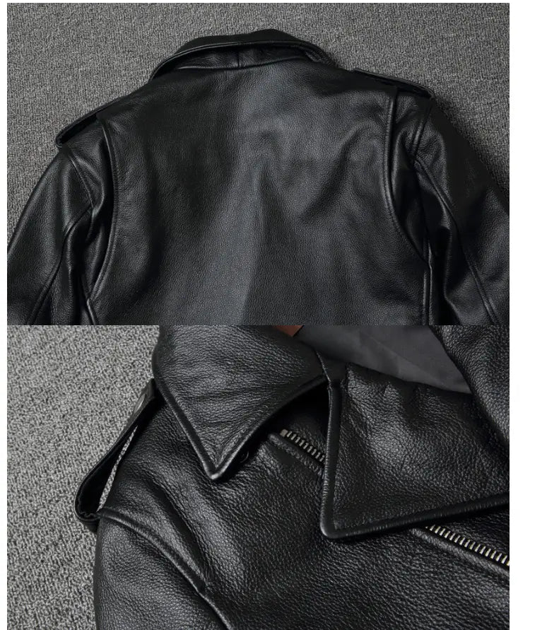 men’s cowhide leather motorcycle biker jacket in black featuring a classic collar and zipper detail