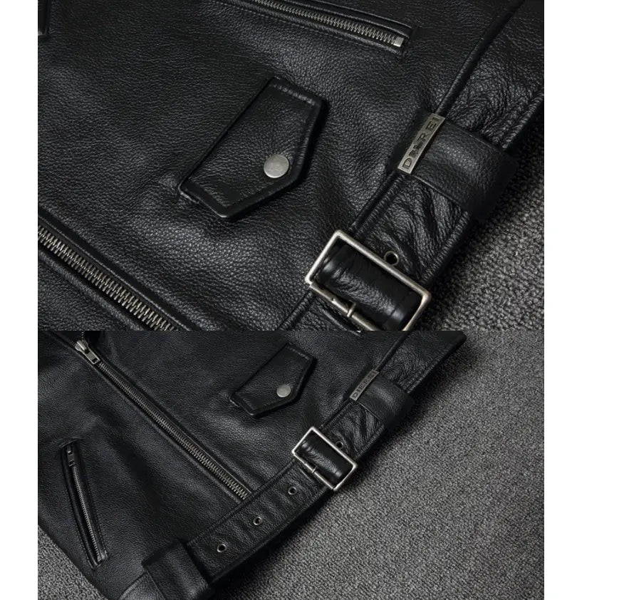 Men’s cowhide leather motorcycle biker jacket in black featuring silver-toned zippers and buckle hardware with lapels.
