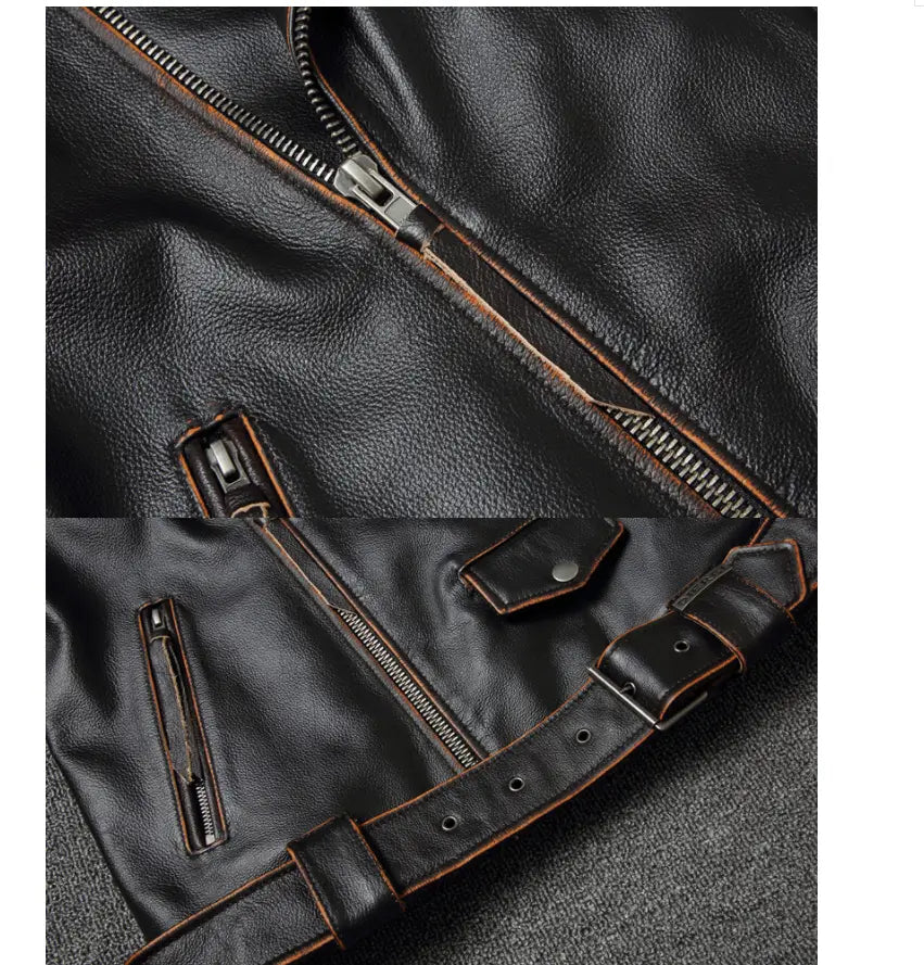 men’s cowhide leather motorcycle biker jacket in black with brown stitching silver zippers and lapels displayed from the front