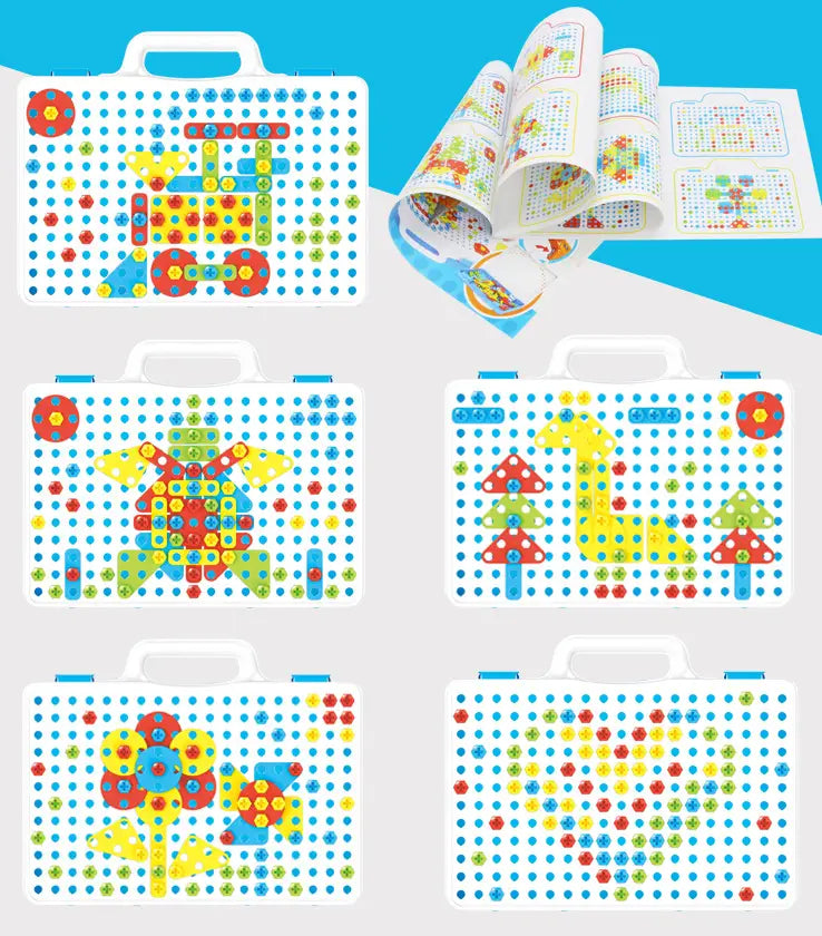 L’ensemble de construction à vis d’entraînement par tige de puzzle comporte des blocs de construction et offre une plaque d’encliquetage blanche en plastique, avec des pièces colorées amovibles et des guides de motifs imprimés pour une activité éducative.