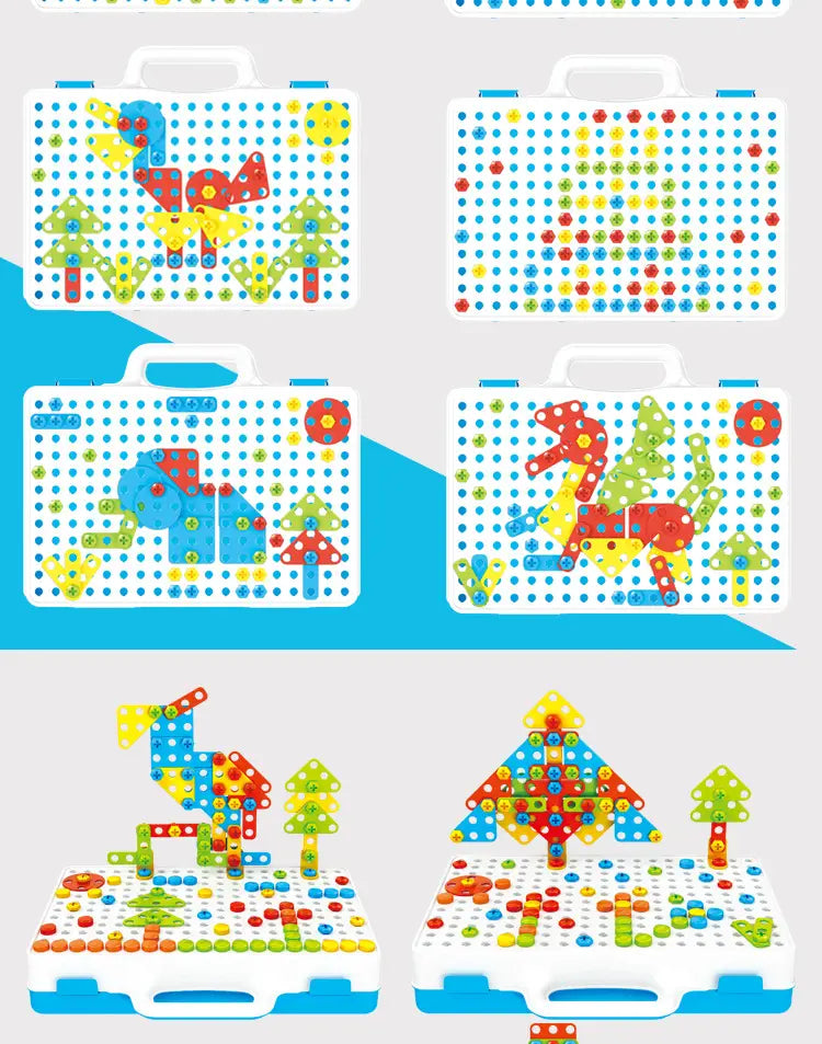 L’ensemble de construction à vis d’entraînement par tige de puzzle présente un jouet en plaque d’encliquetage en plastique de couleur avec une poignée intégrée et des éléments variés permettant de créer des modèles d’animaux et d’arbres.