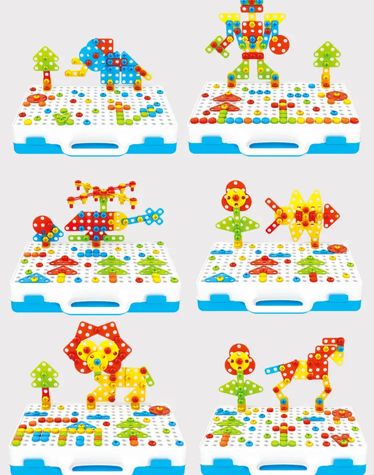 Jeu de jouets en plaque d’encliquetage en plastique coloré comprenant des figurines variées d’animaux et de robots réalisées à partir de pièces emboîtables dans l’ensemble de construction à vis d’entraînement par tige de puzzle.