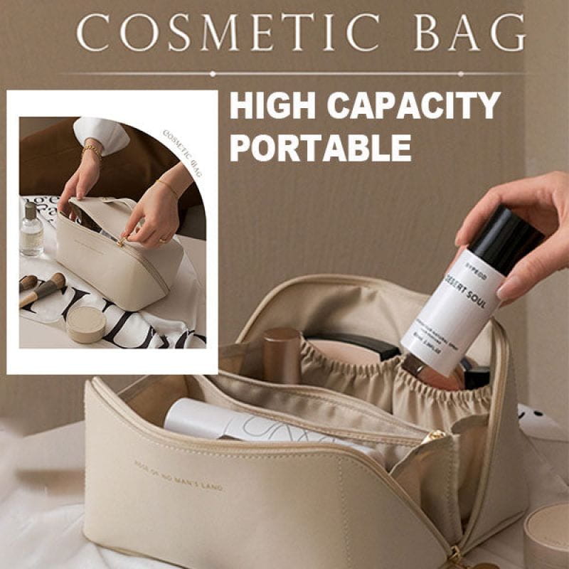 Beige large capacity leather travel makeup bag organizer featuring a zipper closure and interior compartments.
