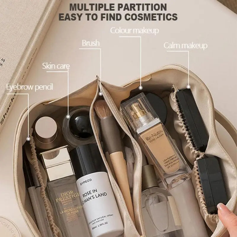 Beige large capacity leather travel makeup bag organizer with multi-compartment design and zipped sections for easy access to cosmetics.