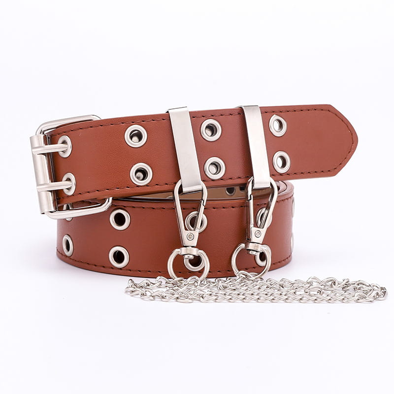 Ceinture plastron en cuir marron double boutonnage pour femmes, avec une ceinture en cuir marron, des œillets en métal à tonalité argent et une attache de chaîne.