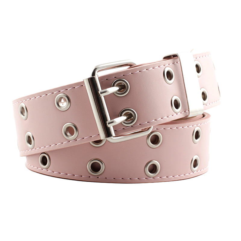 Ceinture plastron en cuir marron double boutonnage pour femmes, avec une ceinture en cuir rose, des œillets en métal à tonalité argent et une boucle métallique assortie.
