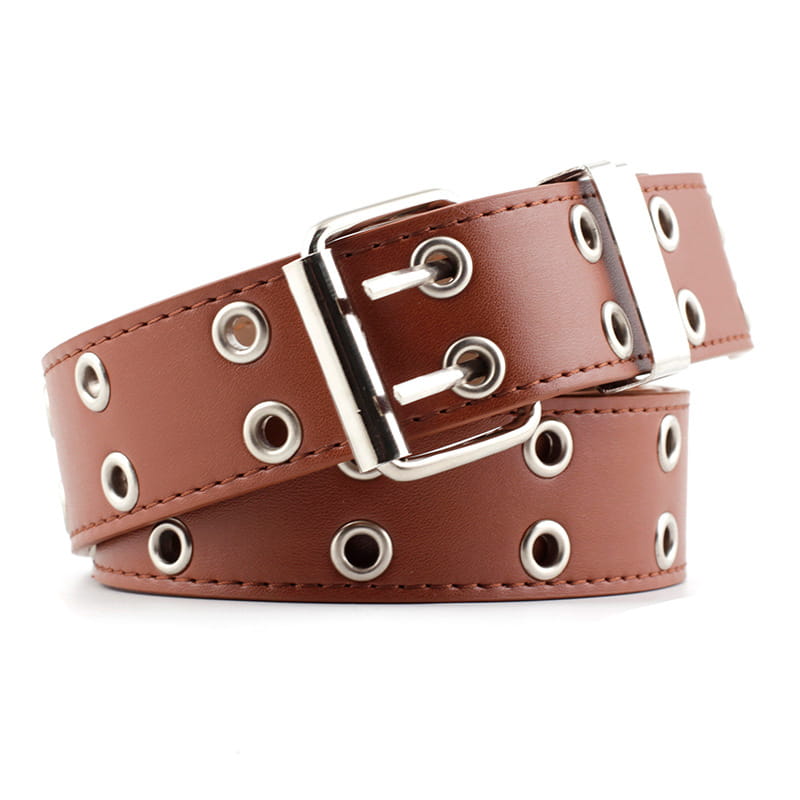 Ceinture plastron en cuir marron double boutonnage pour femmes, avec une ceinture en cuir marron, des œillets métalliques à tonalité argent et une boucle.