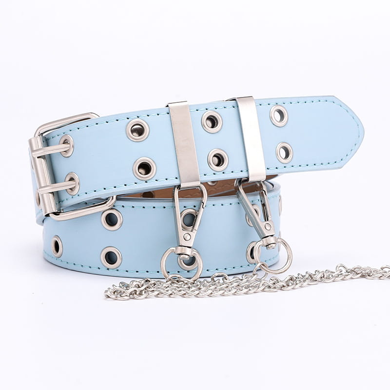 Ceinture plastron en cuir marron double boutonnage pour femmes, avec une ceinture en cuir synthétique bleu clair, des accessoires métalliques à tonalité argent et une attache de chaîne.