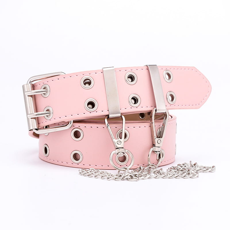 Ceinture plastron en cuir marron double boutonnage pour femmes, avec une ceinture en cuir synthétique rose, des œillets en métal à tonalité argent et une chaîne amovible.