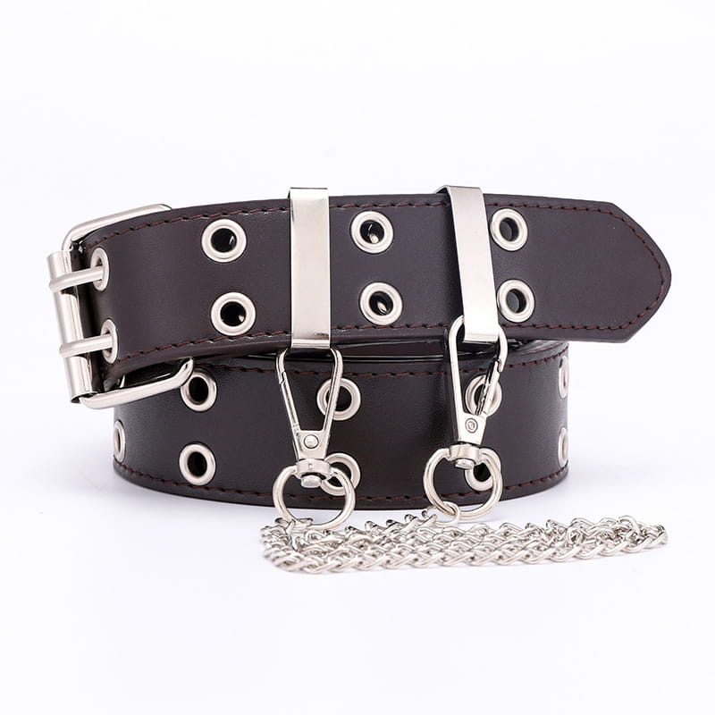 Ceinture plastron en cuir marron double boutonnage pour femmes, avec une ceinture en cuir noir comportant des œillets en métal à tonalité argent et un accessoire de chaîne.