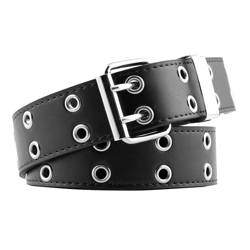 Ceinture en cuir noir avec des œillets métalliques à tonalité argent et une boucle, complétant une ceinture plastron en cuir marron double boutonnage pour femmes.