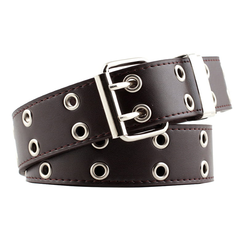 Ceinture plastron en cuir marron foncé double boutonnage pour femmes, avec des œillets métalliques à tonalité argent et une boucle.