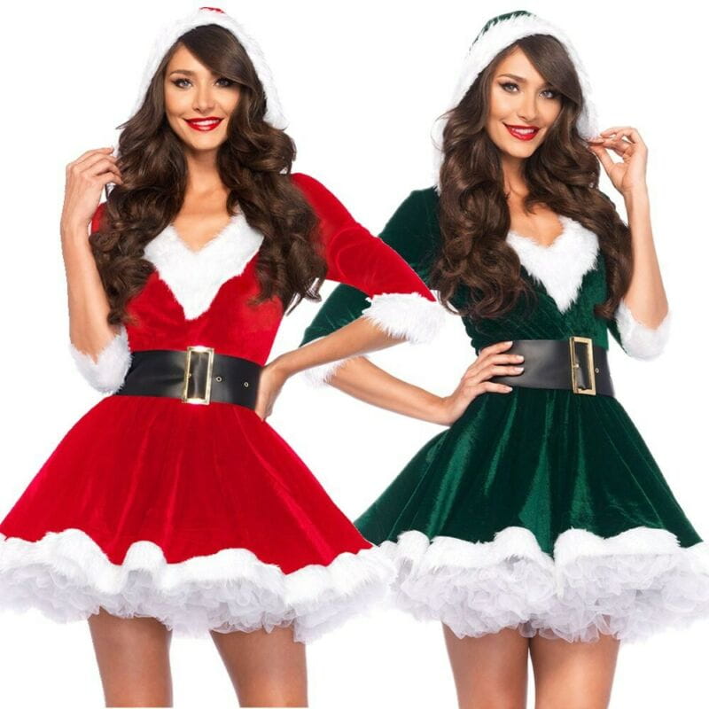 women’s velvet santa claus christmas party dresses in red and green velvet with white fur trim ruffled hems and black belts featuring gold buckles