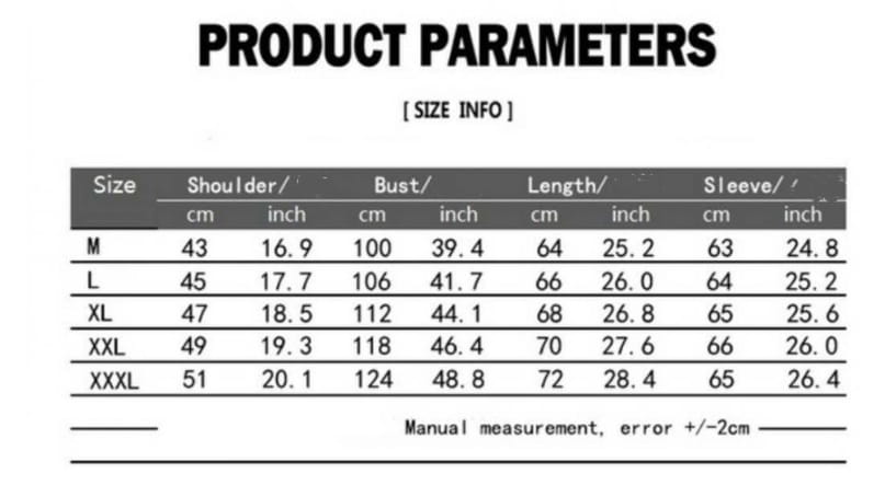 Product parameters table displaying size measurements in centimeters and inches for men denim jacket solid color cotton utility coat.