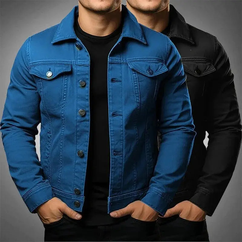 men denim jacket solid color cotton utility coat in blue with silver buttons and classic chest pockets.