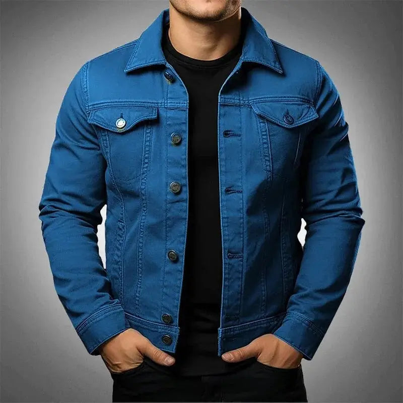 A vibrant royal blue men denim jacket made of solid color cotton with classic button closures and chest pockets designed as a utility coat.